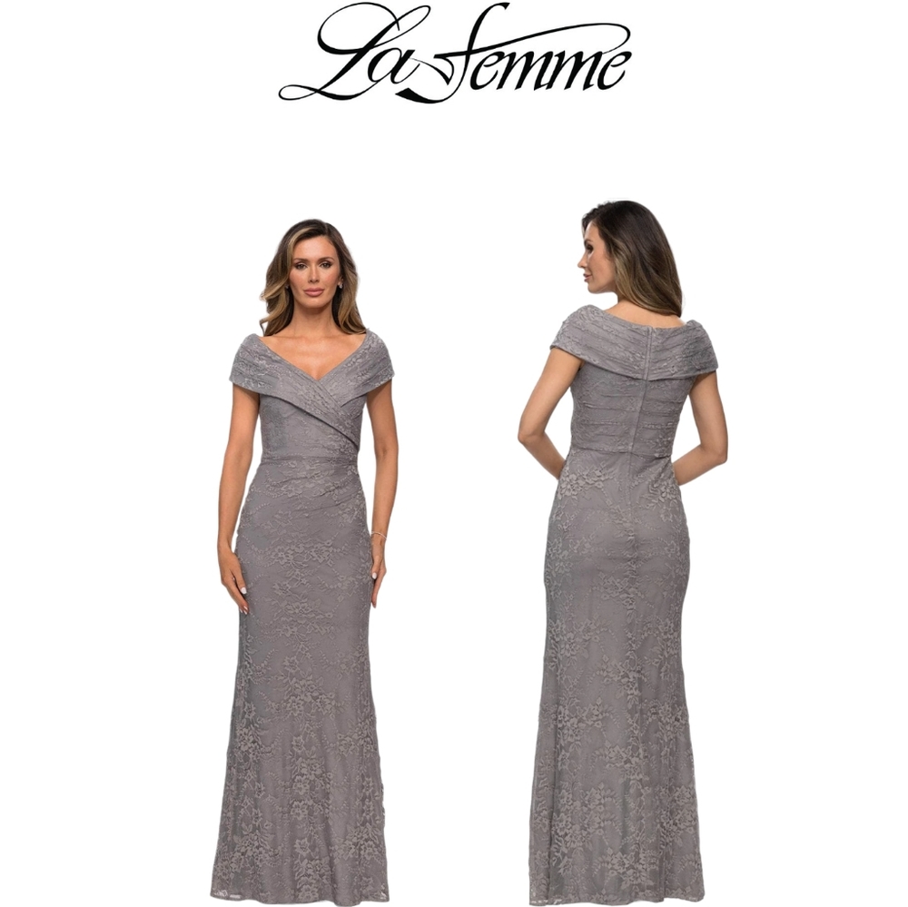 New La Femme - 27982 V Neck Off Shoulder Knit Lace Sheath Long Dress Size 6